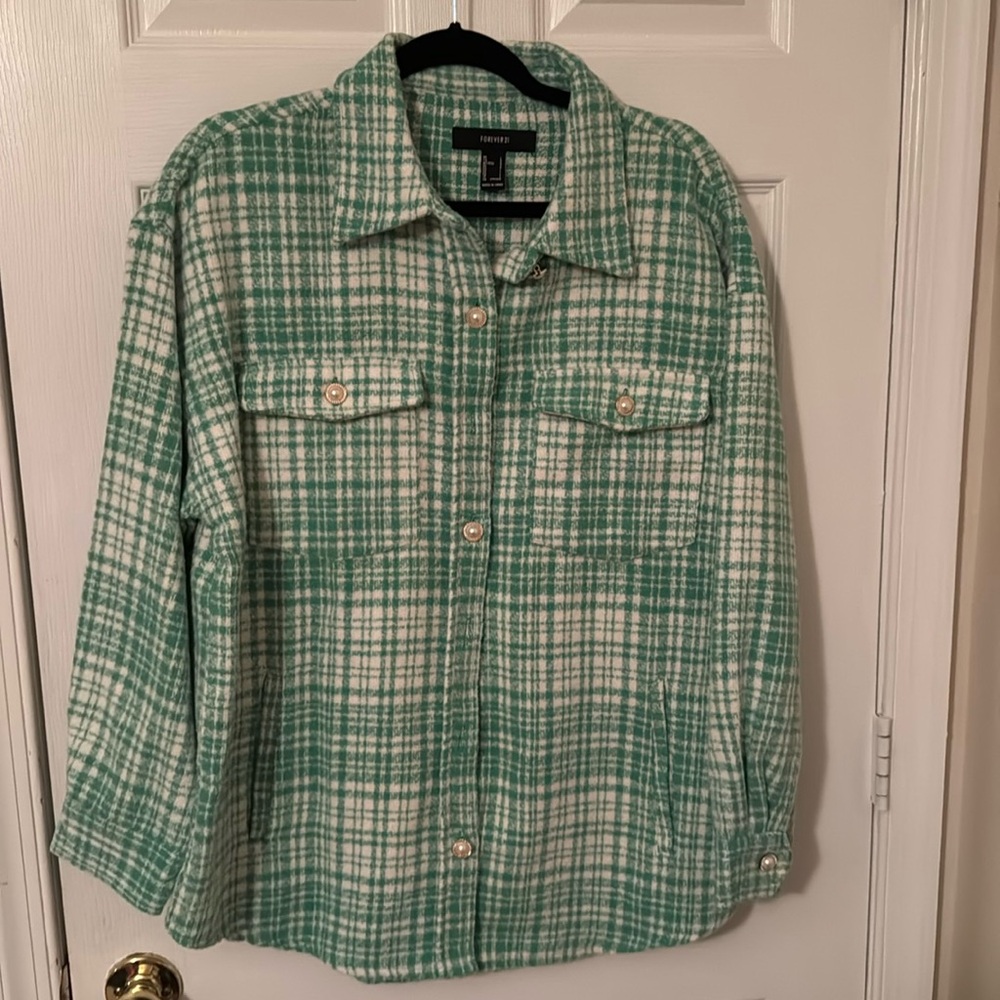 Forever 21 Plaid Longline Shacket Size L Color Green Cream